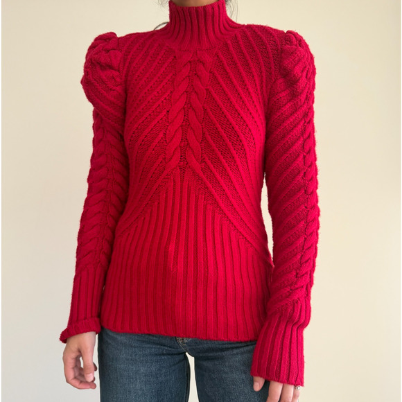 White House Black Market Sweater Medium Red Cable Knit Puff Sleeve Turtleneck - Picture 2 of 14